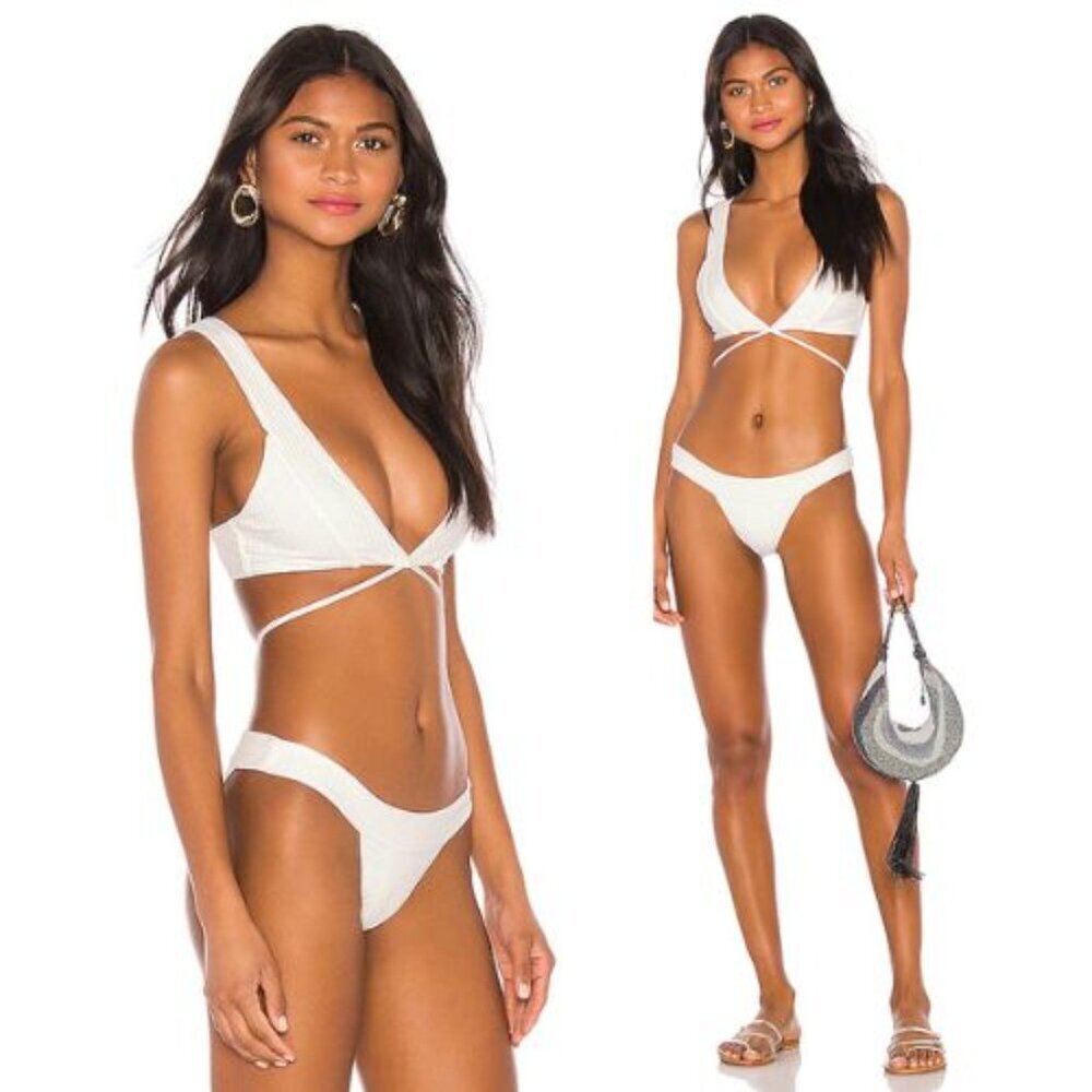 Lovers + Friends Sade White Strappy Triangle Bikini Set High Cut 51973